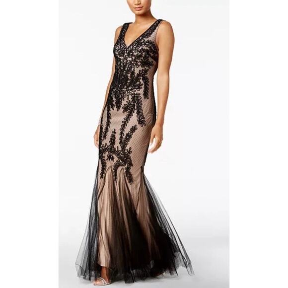 Betsy & Adam Soutache Mermaid Black Over Nude Gown Whimsygoth Formal Maxi Sz 12 - Picture 1 of 16